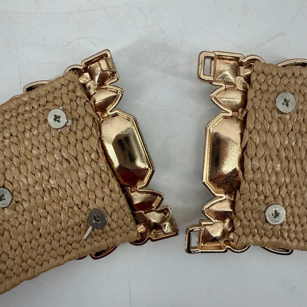 Gold Woven Stretch Belt with Oversized Crystal Rhinestone Statement Buckle NEW